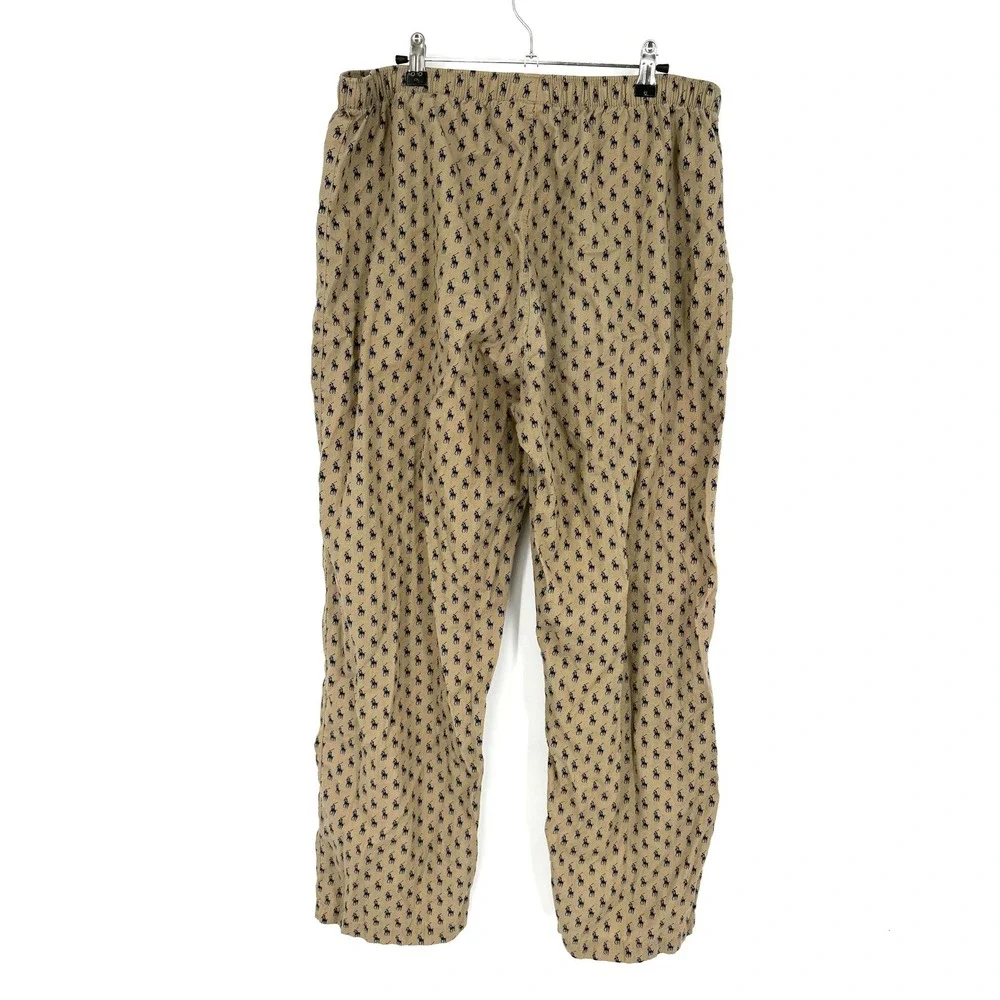 Polo Ralph Lauren Mens Pajama Pants Tan Navy Blue Pony All Over Print Cotton L